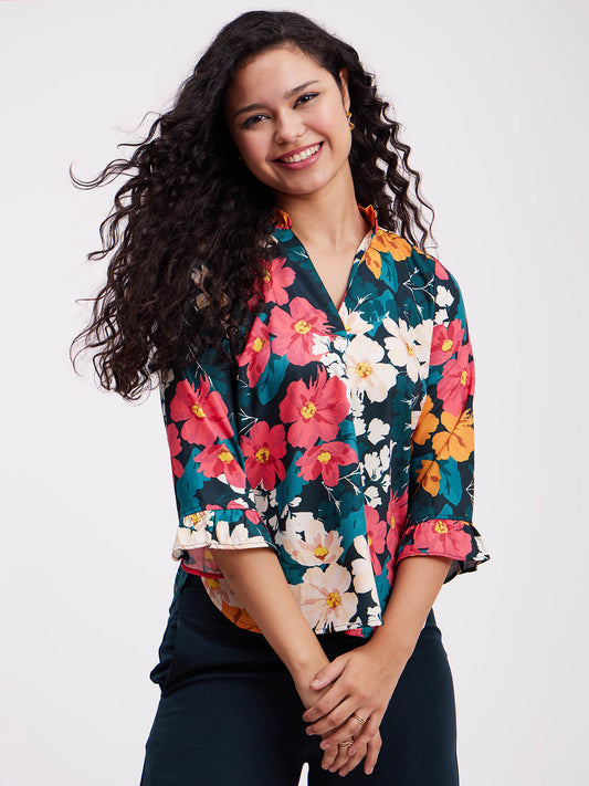 Floral Ruffle Detail Top - Multicolour