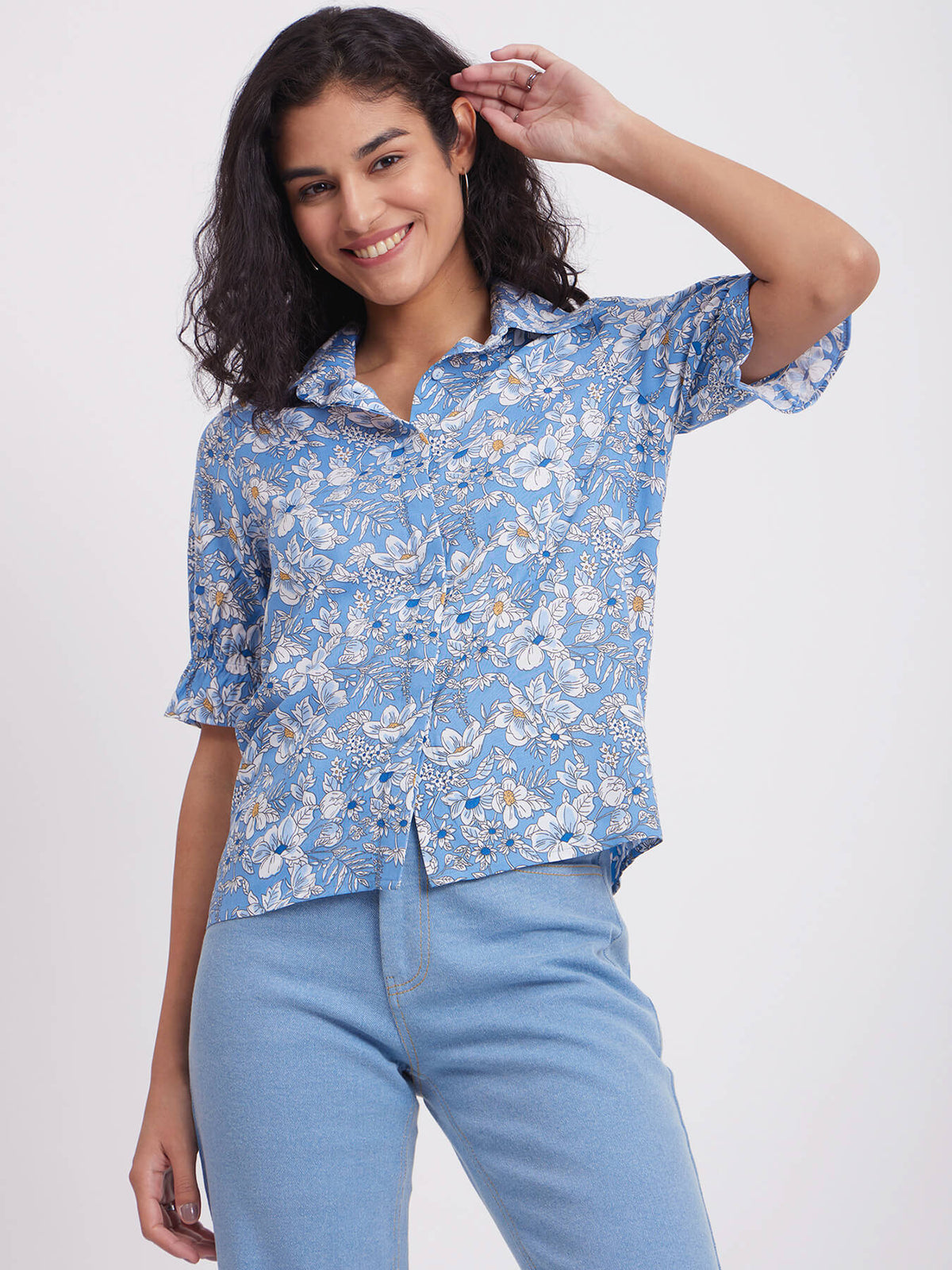 Floral Ruffle Detail Top - Blue And White
