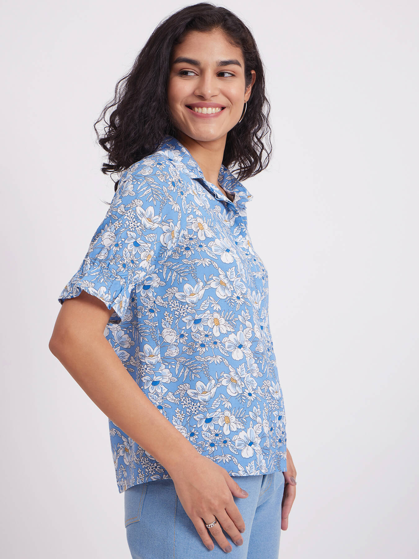 Floral Ruffle Detail Top - Blue And White