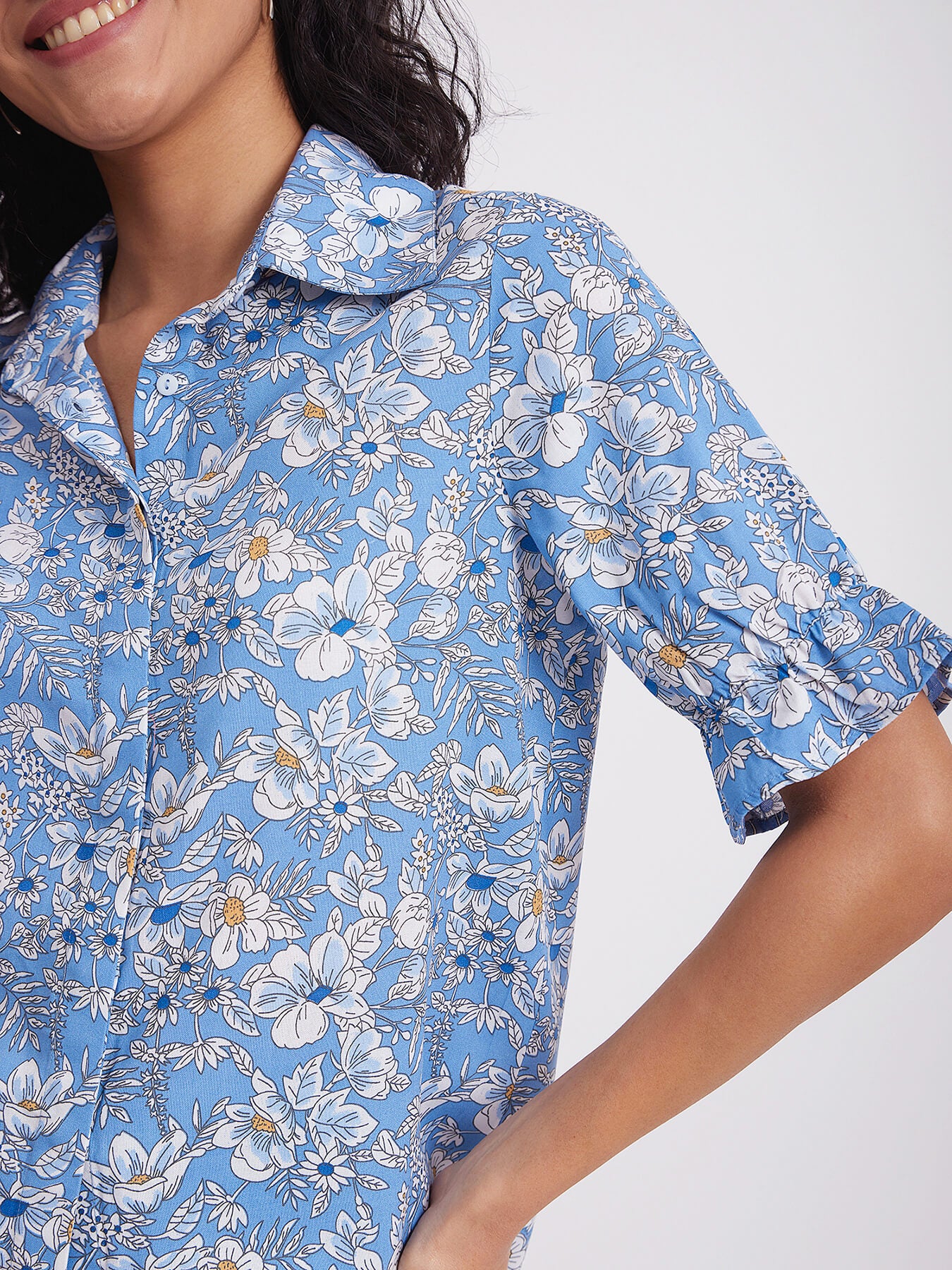 Floral Ruffle Detail Top - Blue And White