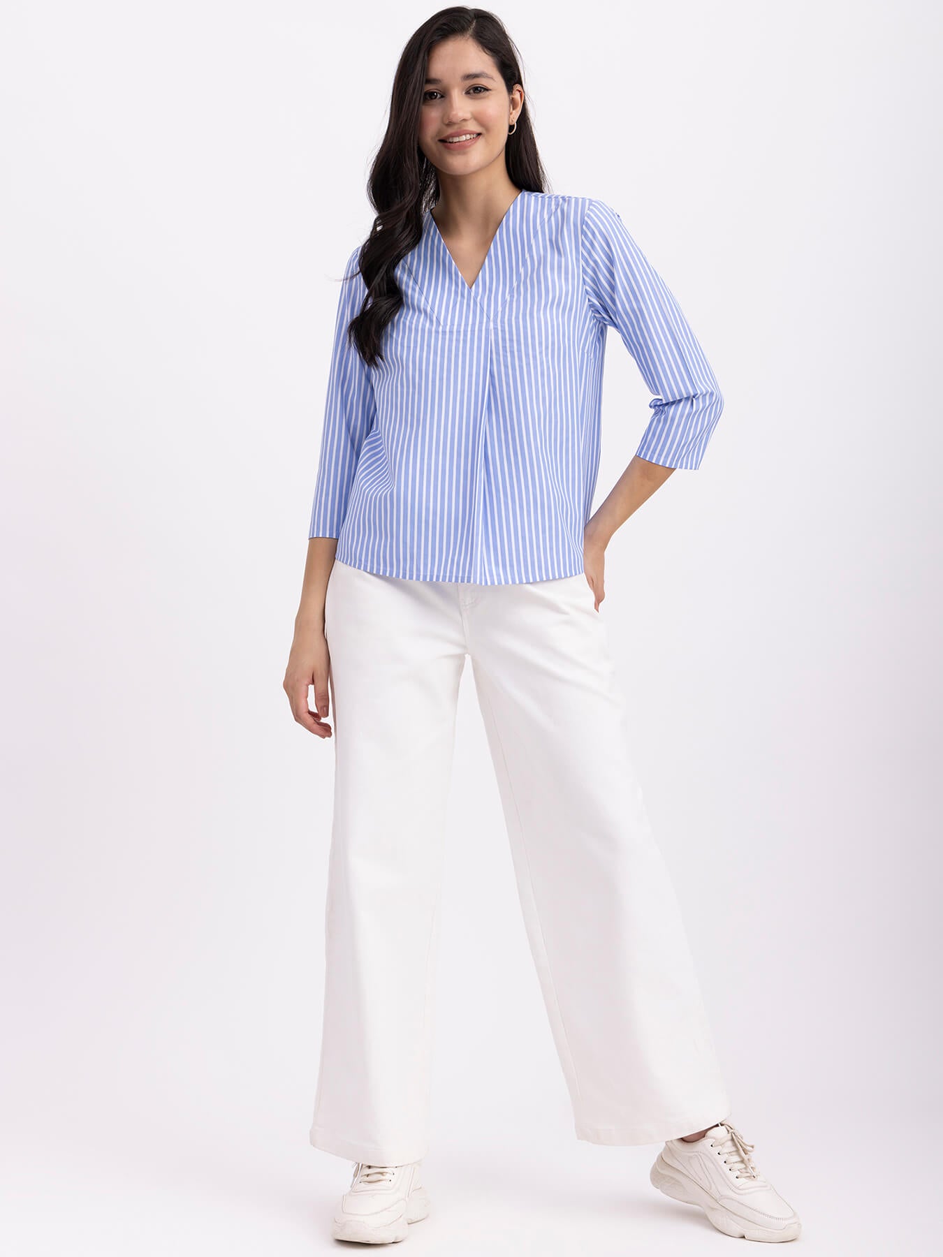 Cotton Striped Top - Blue And White