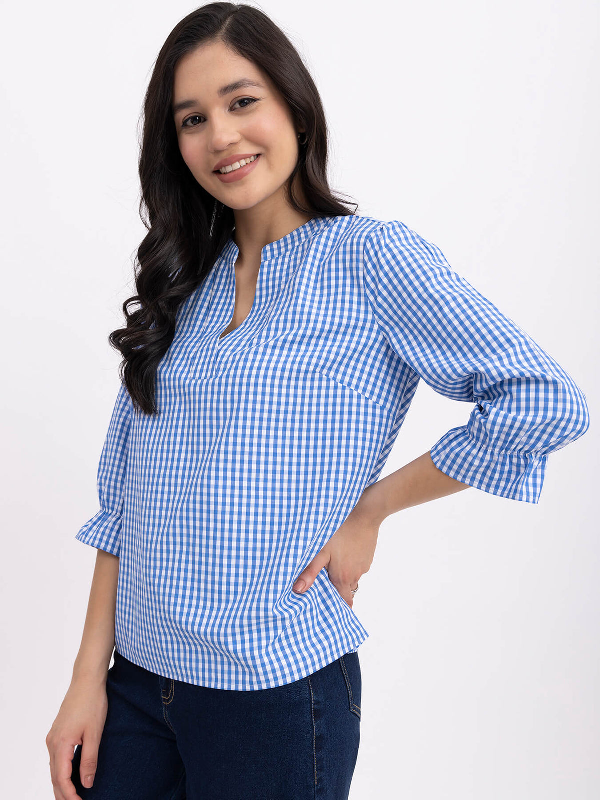 Cotton Checkered Top - Blue And White