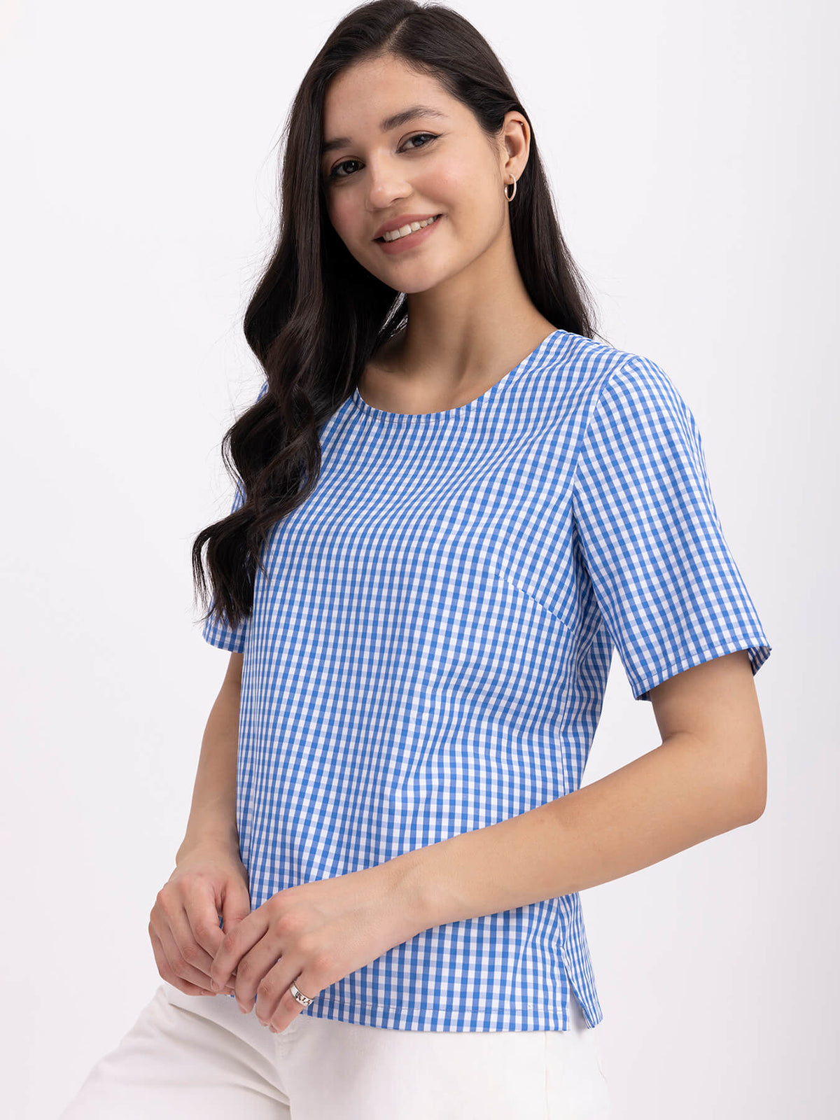 Cotton Round Neck Top - Blue And White