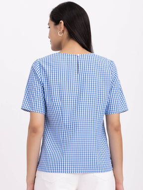 Cotton Round Neck Top - Blue And White