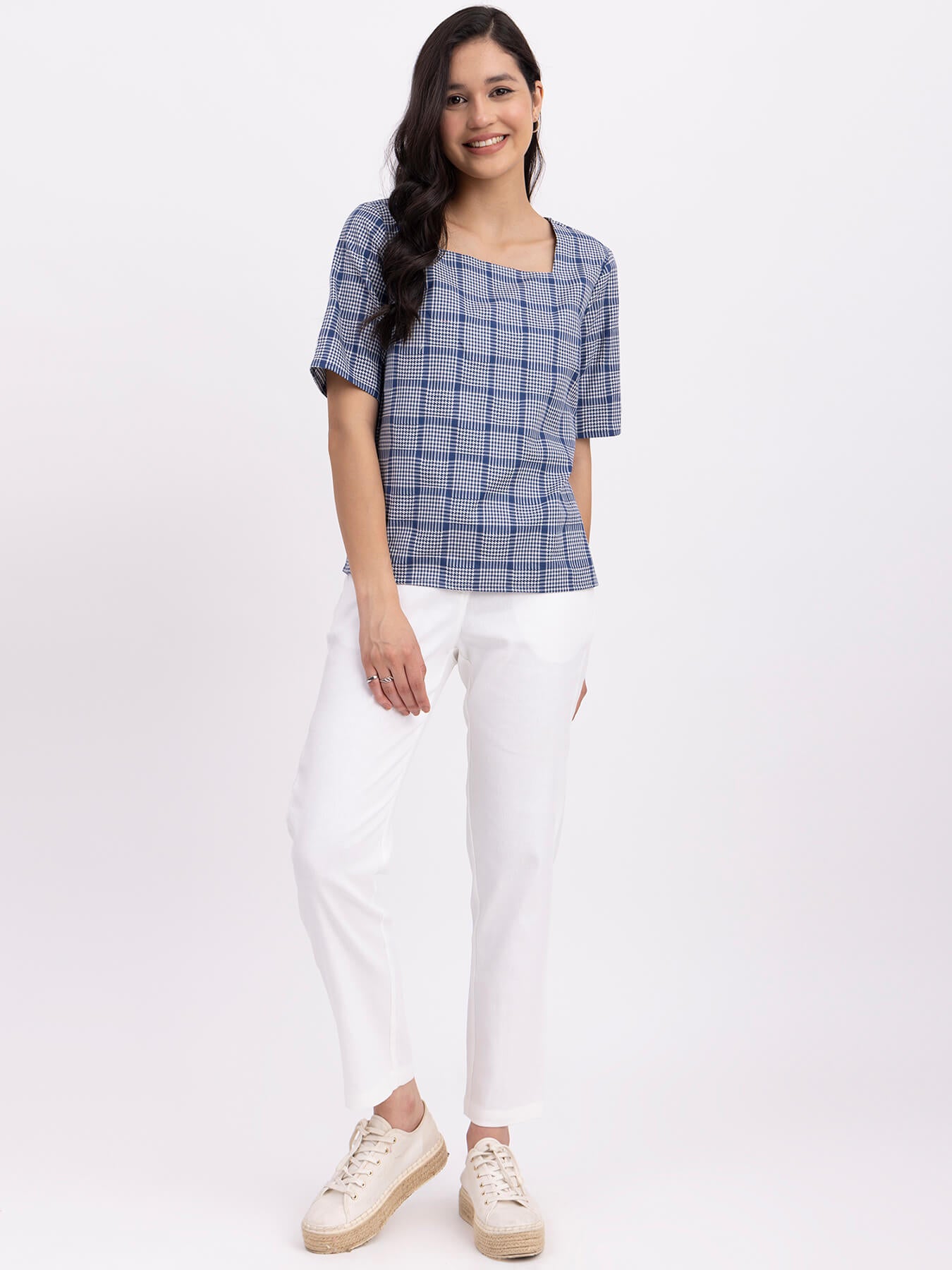 Cotton Square Neck Top - Navy Blue And Off White