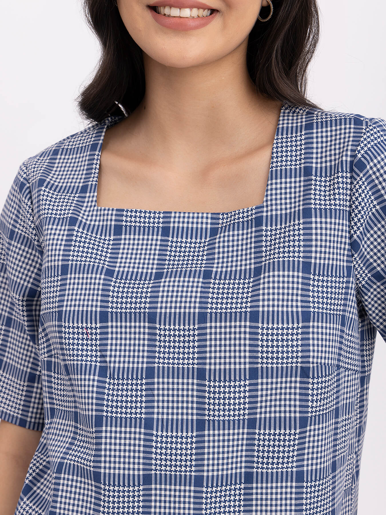 Cotton Square Neck Top - Navy Blue And Off White