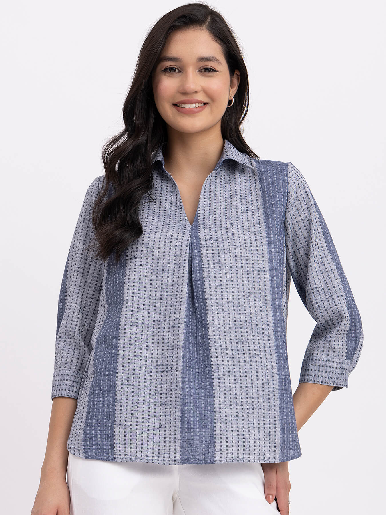 Cotton Geometric Print Top - Blue And Grey