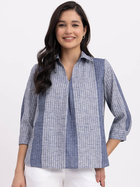 Cotton Geometric Print Top - Blue And Grey