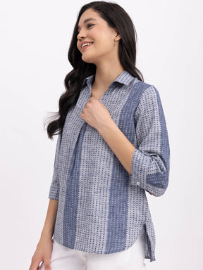 Cotton Geometric Print Top - Blue And Grey