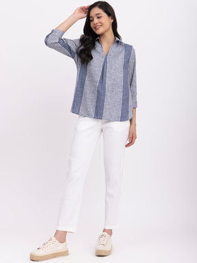 Cotton Geometric Print Top - Blue And Grey