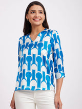 Satin Geometric Print Top - Blue And White