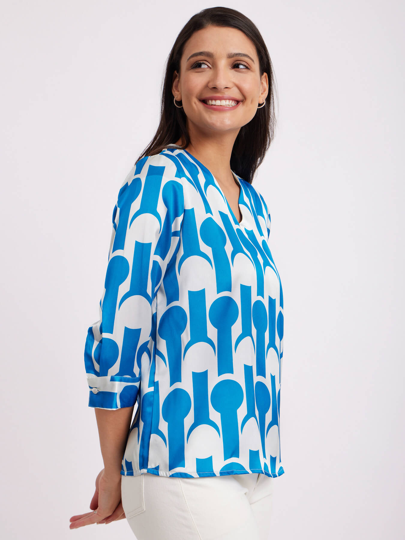 Satin Geometric Print Top - Blue And White