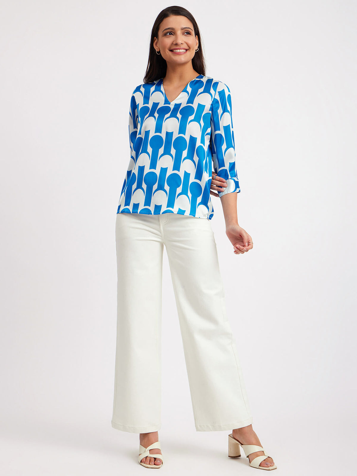 Satin Geometric Print Top - Blue And White