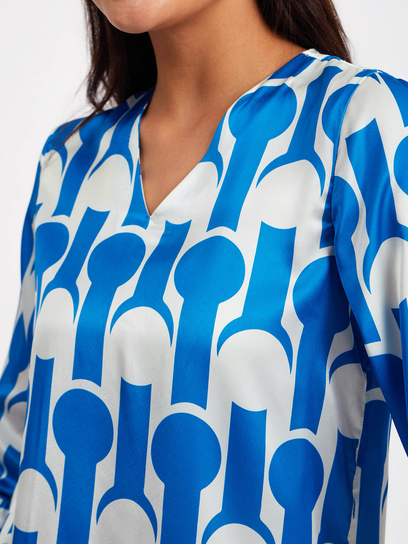 Satin Geometric Print Top - Blue And White