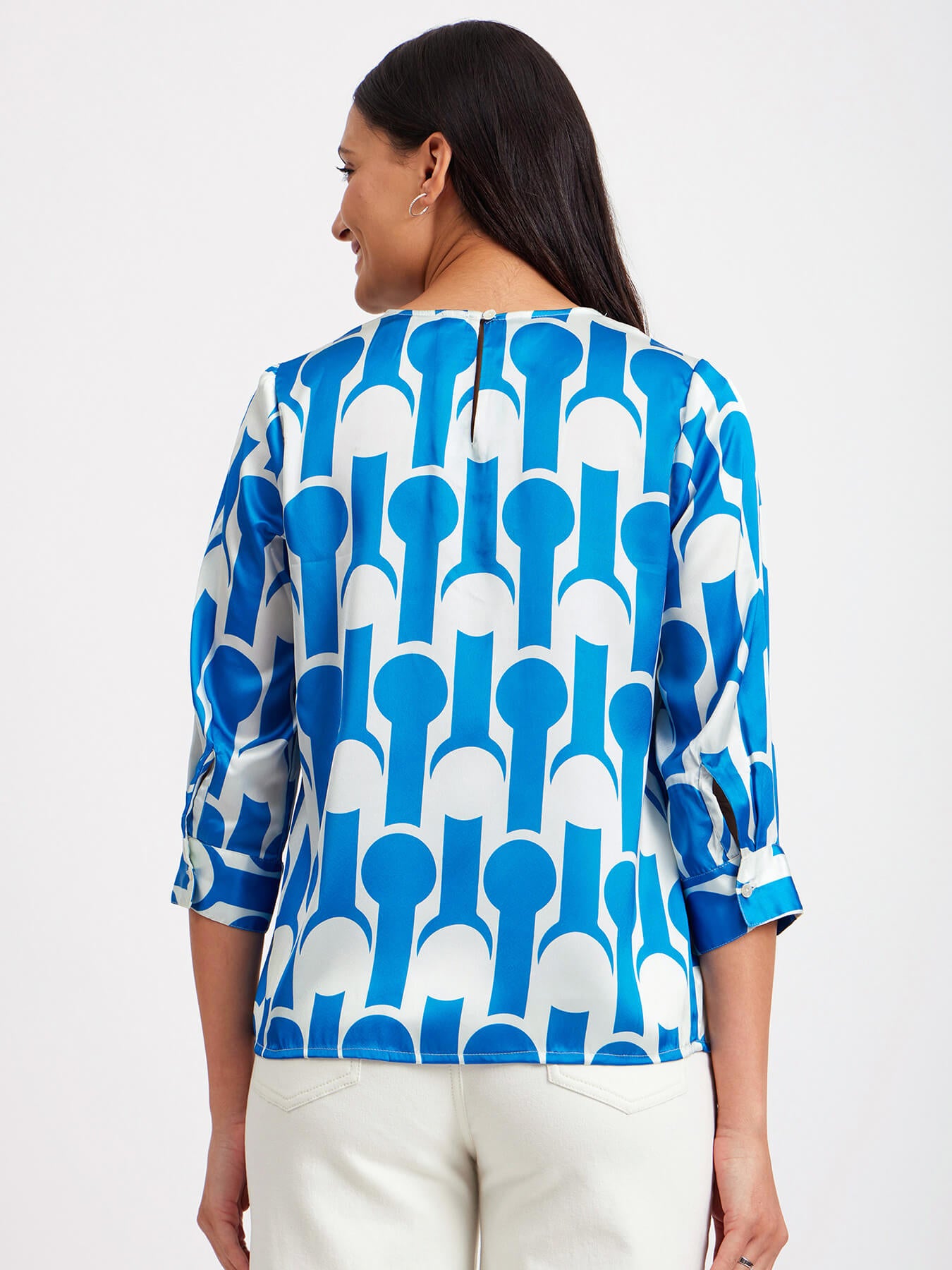 Satin Geometric Print Top - Blue And White