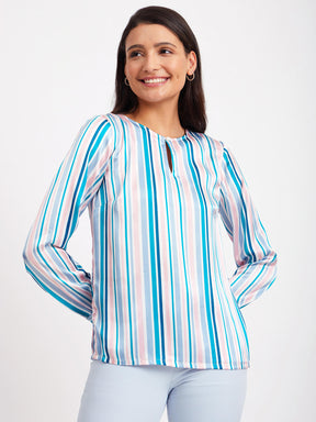 Satin Stripes Print Top - White And Teal