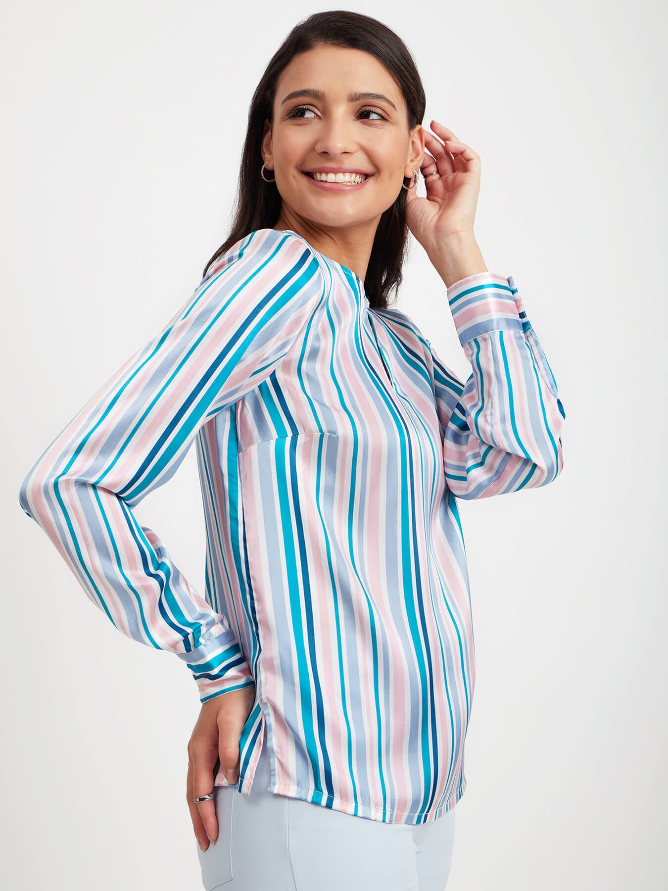 Satin Stripes Print Top - White And Teal