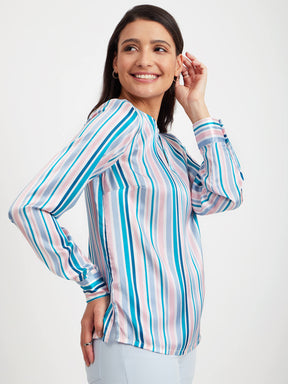 Satin Stripes Print Top - White And Teal