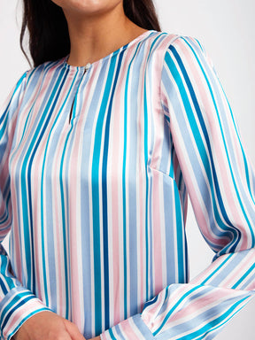 Satin Stripes Print Top - White And Teal