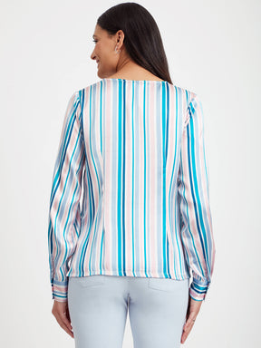 Satin Stripes Print Top - White And Teal