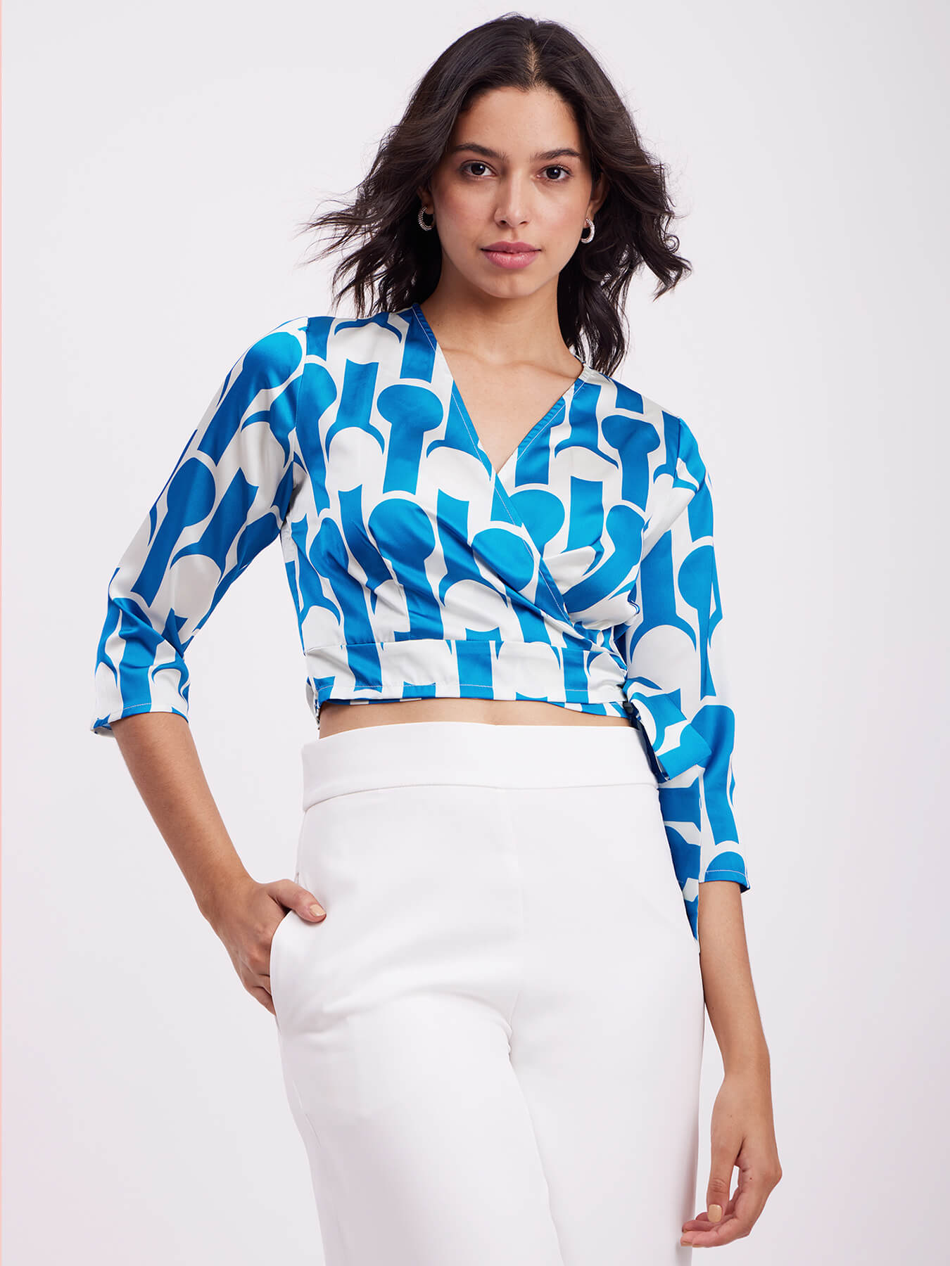 Satin Geometric Print Wrap Top - Blue And White