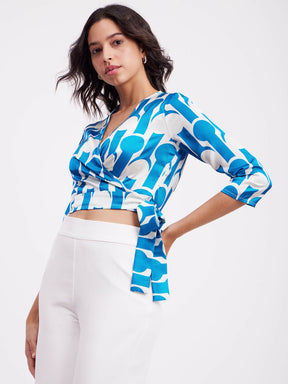 Satin Geometric Print Wrap Top - Blue And White