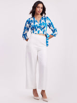 Satin Geometric Print Wrap Top - Blue And White