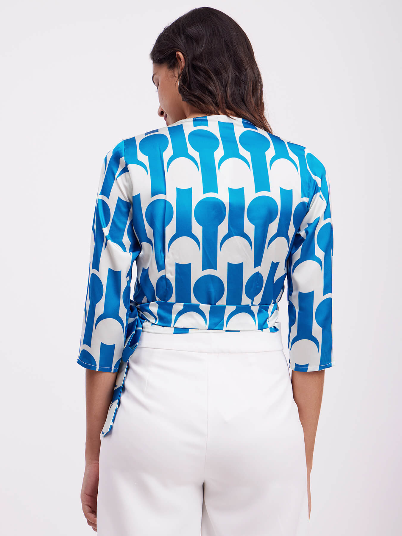 Satin Geometric Print Wrap Top - Blue And White