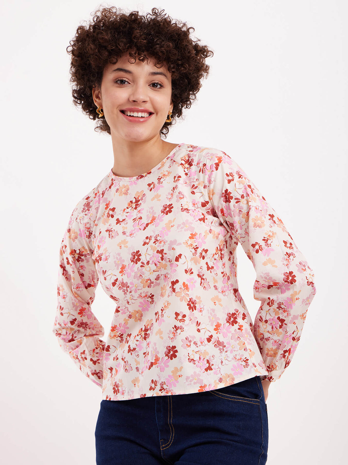 Cotton Floral Print Round Neck Top - White And Maroon