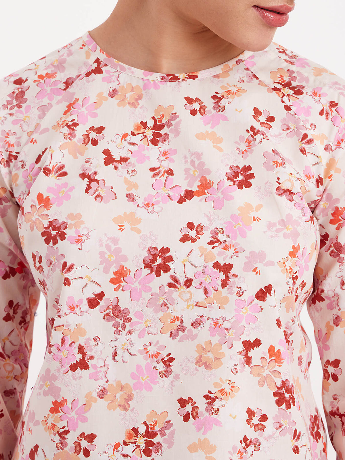 Cotton Floral Print Round Neck Top - White And Maroon