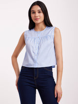 Cotton Gathered Yoke Top - Blue