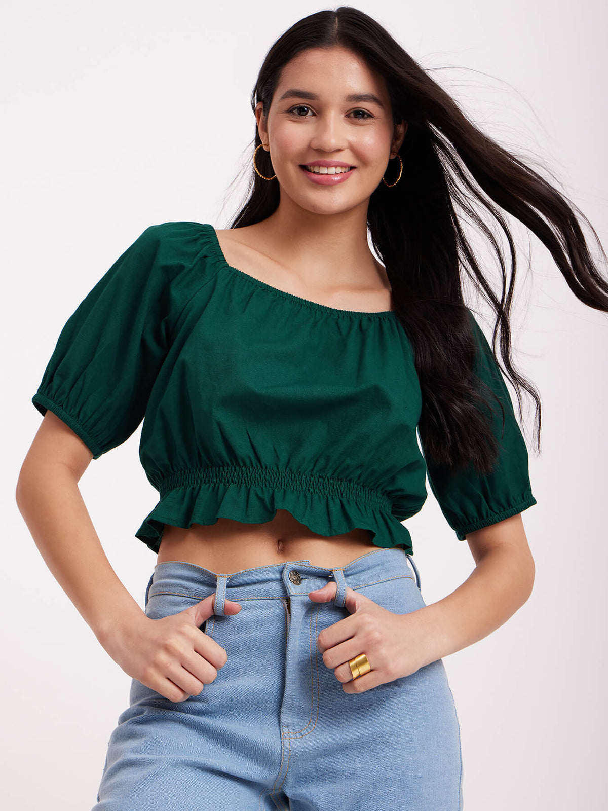Linen Square Neck Top - Green