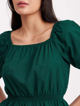 Linen Square Neck Top - Green