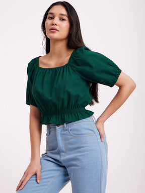 Linen Square Neck Top - Green