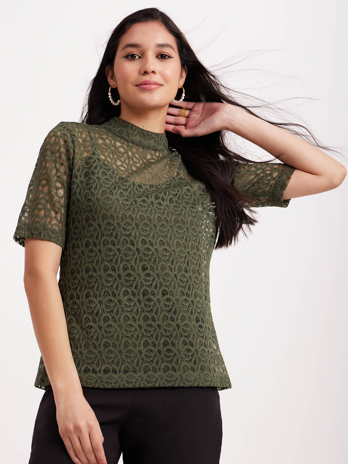 Band Neck Lace Top - Olive
