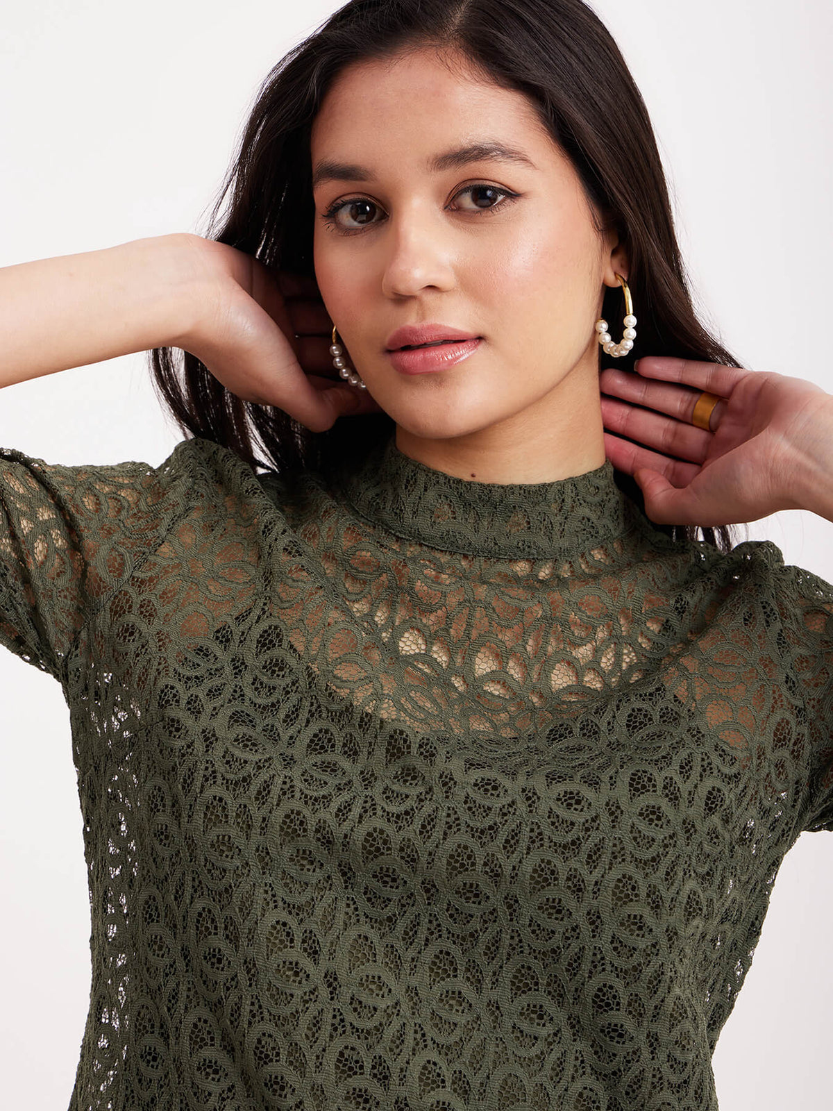 Band Neck Lace Top - Olive