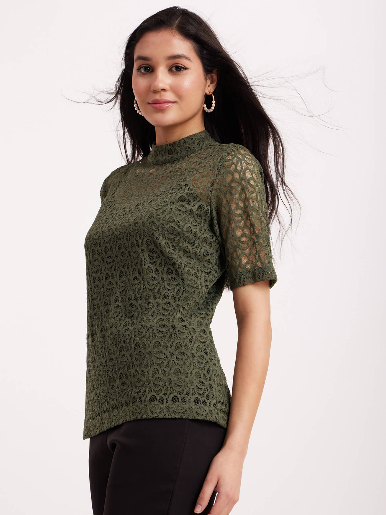 Band Neck Lace Top - Olive