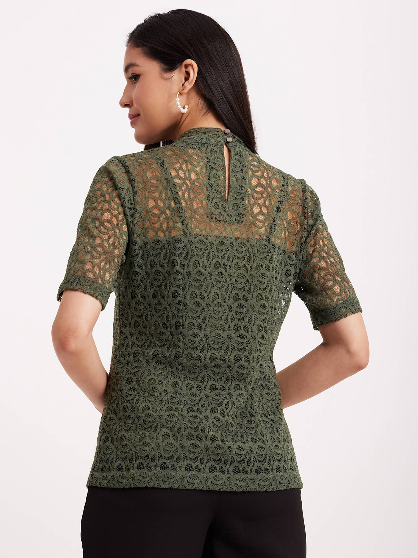 Band Neck Lace Top - Olive