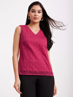 V Neck Lace Top - Fuchsia