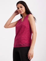 V Neck Lace Top - Fuchsia