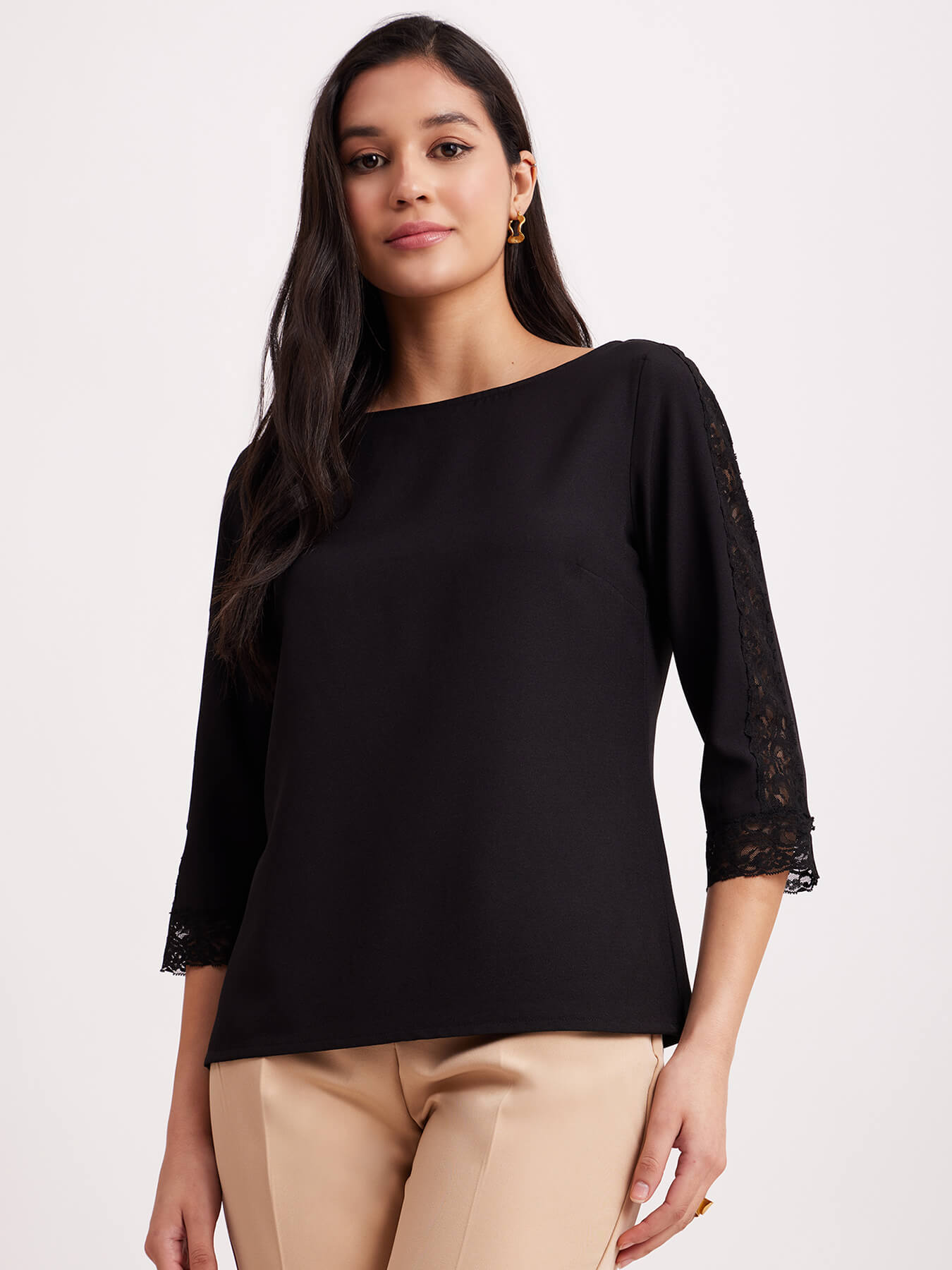 Boat Neck Lace Top - Black