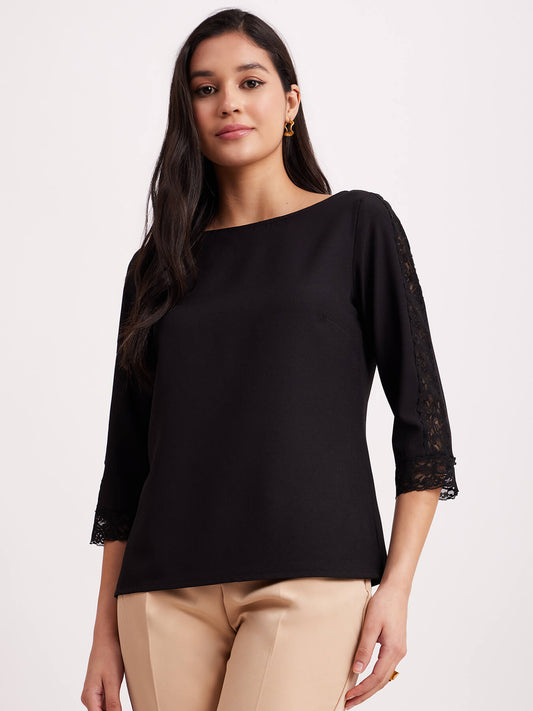 Boat Neck Lace Top - Black