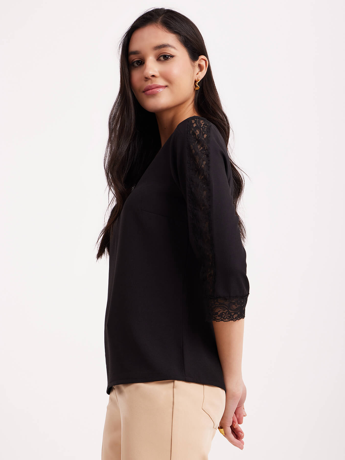 Boat Neck Lace Top - Black