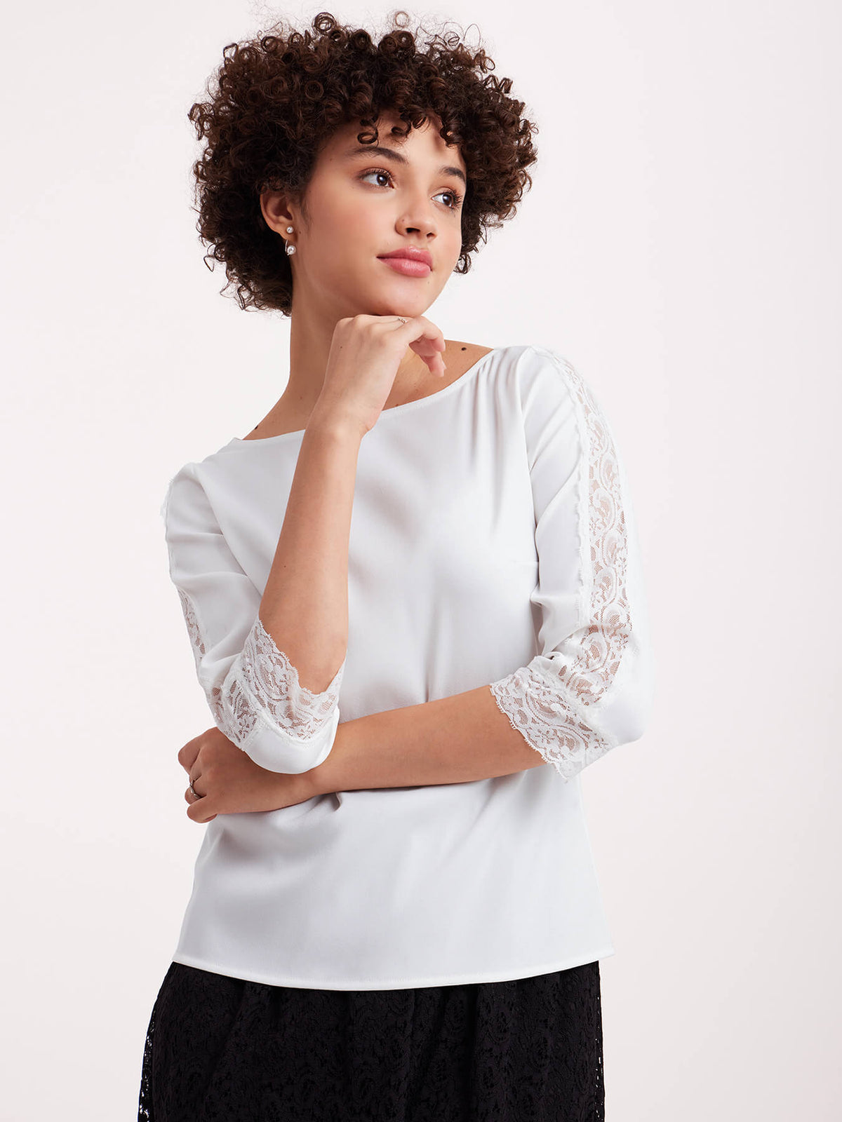 Boat Neck Lace Top - White