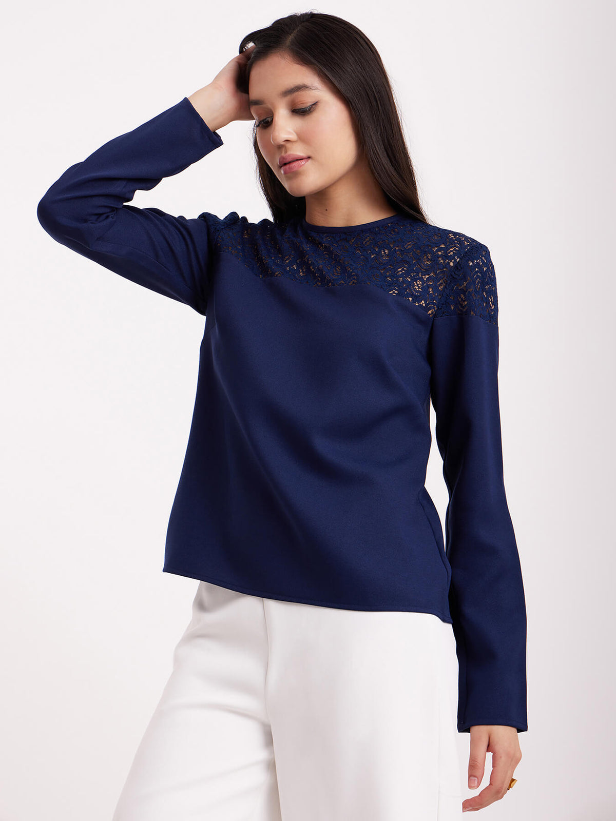 Full Sleeves Lace Top - Navy Blue