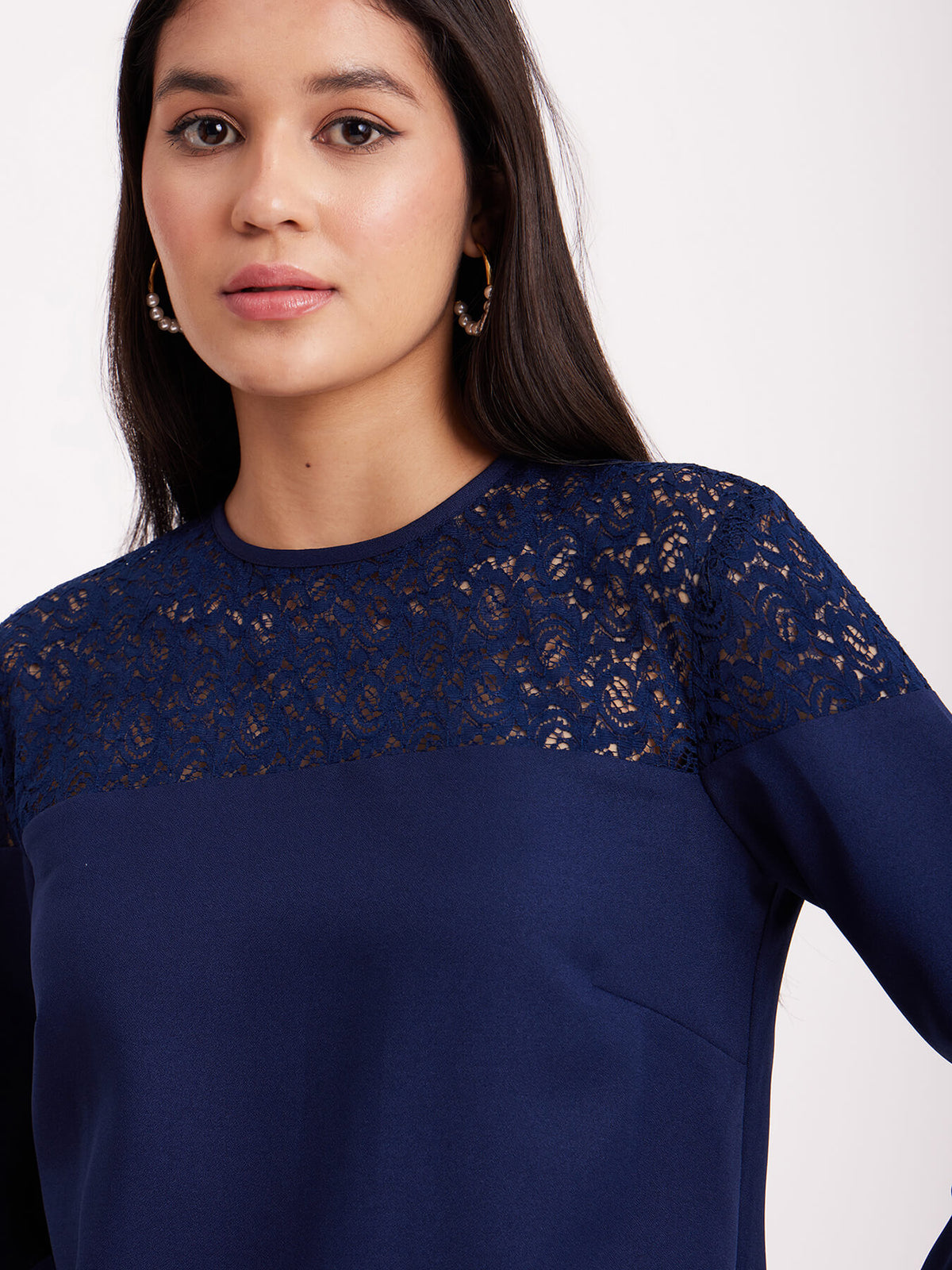 Full Sleeves Lace Top - Navy Blue