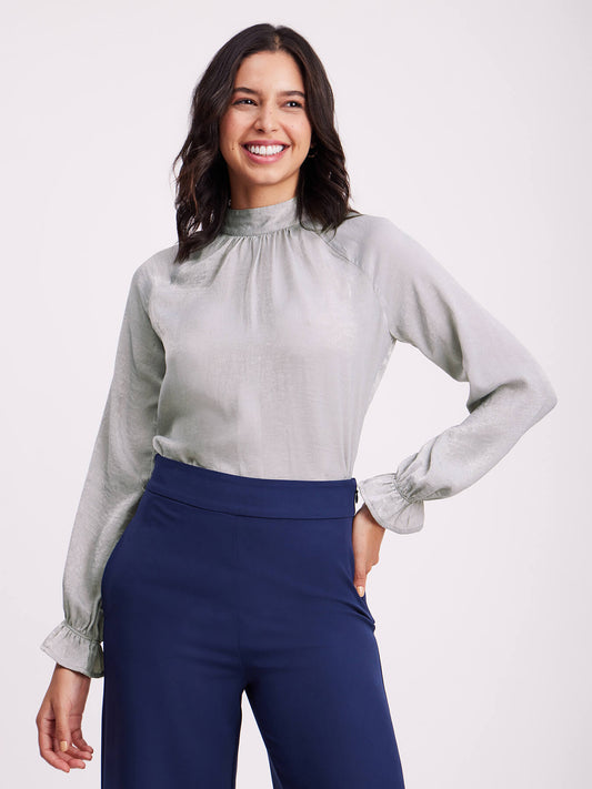 Satin Raglan Sleeves Top - Grey