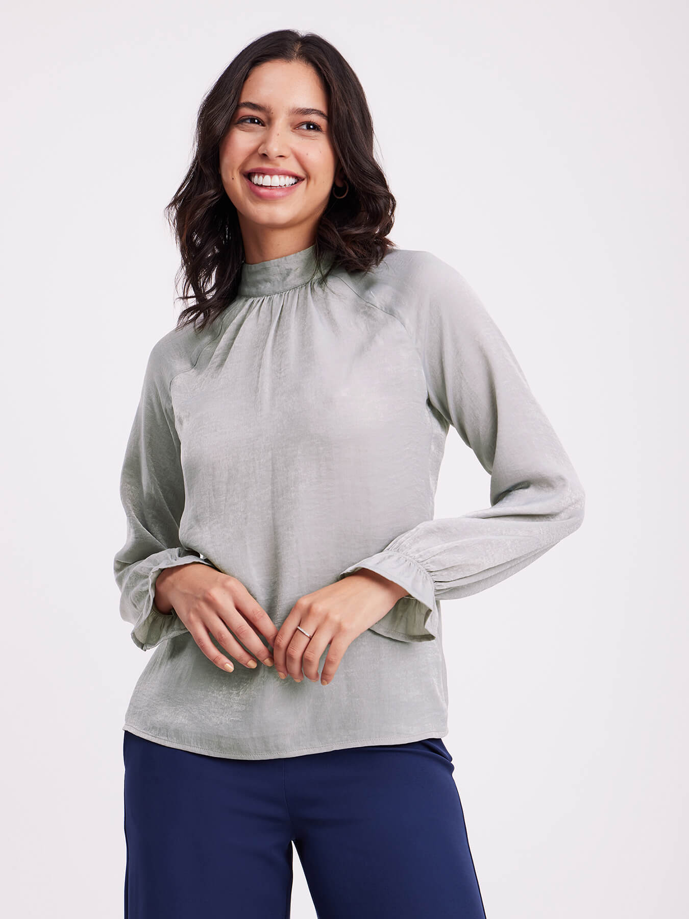 Satin Raglan Sleeves Top - Grey