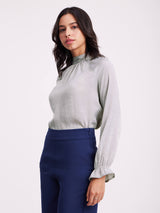 Satin Raglan Sleeves Top - Grey