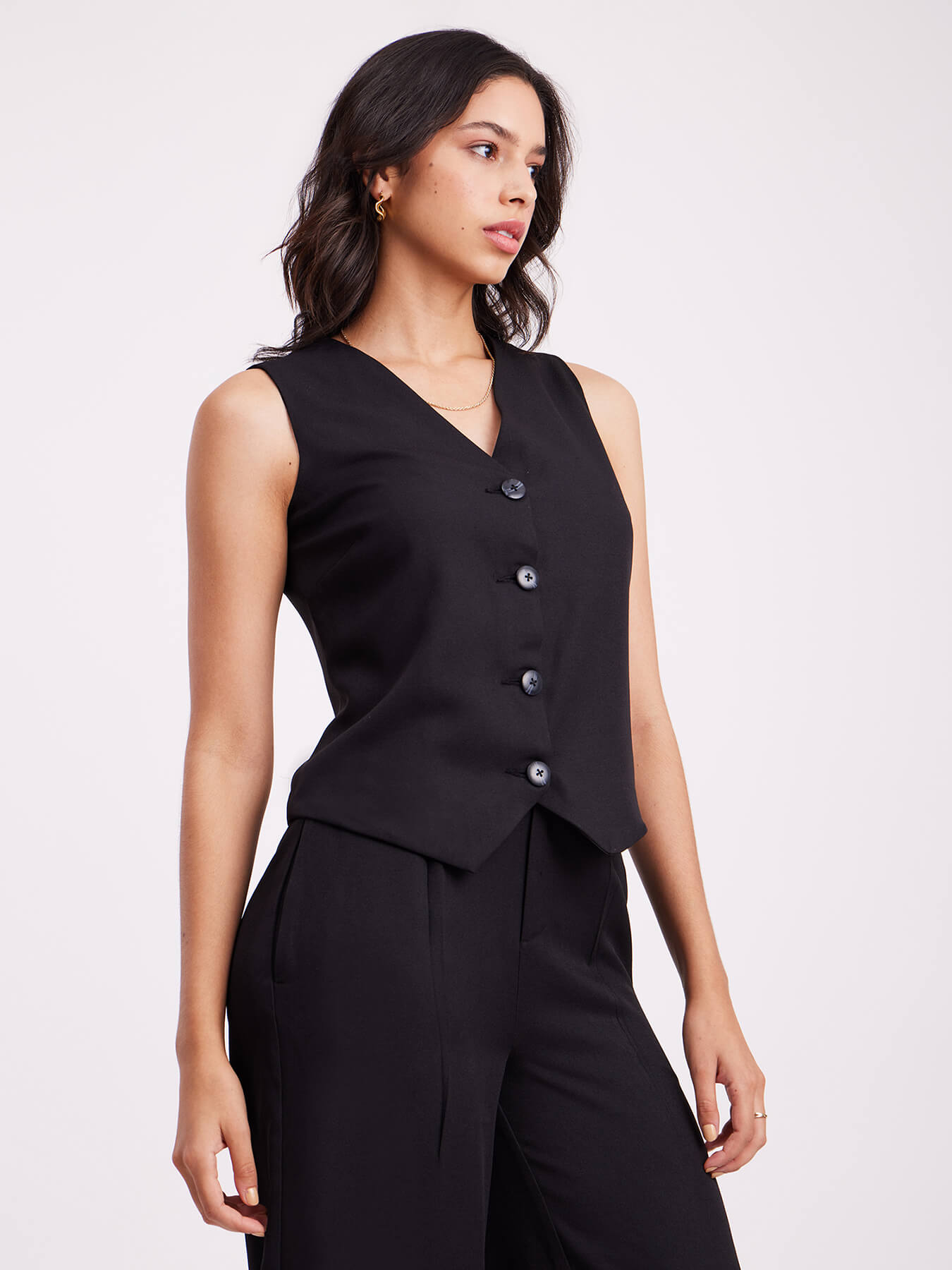 V Neck Buttoned Top - Black